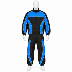 Survêtement pour homme noir et bleu à blocs de couleur, fermeture éclair intégrale, style sportif, coupe classique, en polyester, pour l'automne, avec poches latérales - Product Image 1