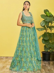 Lehenga DE BODA azul marino pesado con silueta plisada y estampado geométrico completo para fiestas - Product Image 4