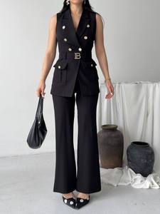 Made in Turkey 2 Piece <b>Pants</b> Set Elegant Sleeveless Blazer Vest Wholesale Custom Wide Leg Trousers Suits Blazer For Women - Product Image 4