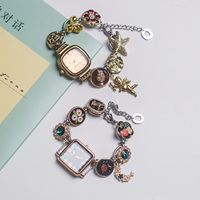 Montre-bracelet à quartz rétro unique personnalisée pour femme, or rose, émail floral, cristal, chaîne réglable, cadran analogique, bijou élégant