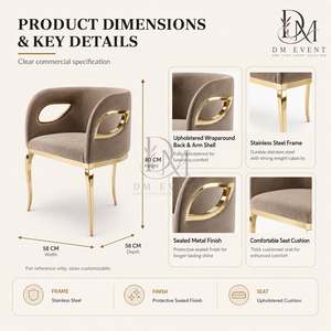 Silla de Comedor Moderna con Respaldo Curvo y Brazos Recortados, de Acero Inoxidable Dorado, con Tapicería Color Taupe, para Hoteles y Eventos de Boda, Venta al Por Mayor - Product Image 4