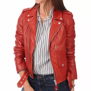 Chaqueta de cuero de piel de cordero roja para mujer auténtica 100%, moda de motociclista ajustada con características transpirables - Product Image 2