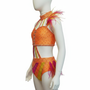 Traje de Baile con Pedrería Naranja para Niñas, con Cuentas de Cristal, para Competencia, con Plumas, para Samba y Baile Latino - Product Image 2