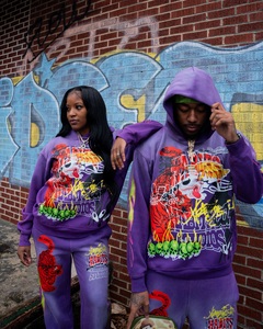 Custom All over Screen Printed Sweat Suit Jogger Pullover Hoodie y Flare Stacked Sweat Pants Acid Wash Chándal Set - Product Image 4