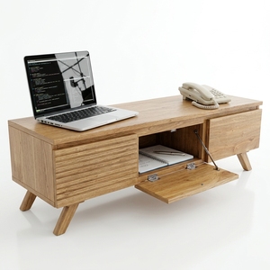 Meuble de salon en bois massif, buffet moderne du milieu du siècle avec portes à battants, console multimédia - Product Image 1