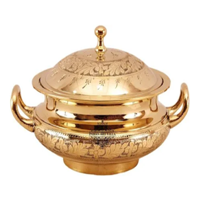 Plato de frotamiento dorado, diseño adornado, tapa, asas laterales, base de pedestal, servidor de Buffet, comedor elegante, disponible al por mayor - Product Image 2