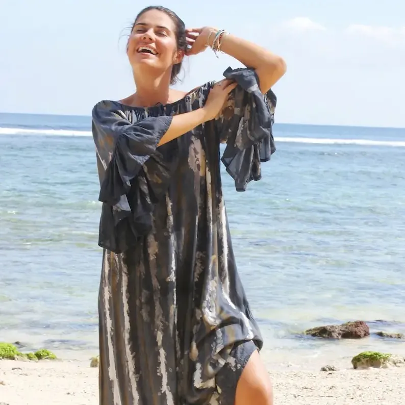 Gaun Maxi kasual wanita, baju pantai Kaftan panjang bercetak celup longgar ukuran besar leher bulat grosir