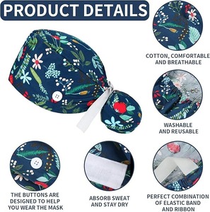 6 pièces casquettes de gommage femmes chapeaux d'allaitement avec boutons réglable bouffant infirmière élastique pour queue de cheval motifs de turban - Product Image 3