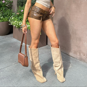High-Waisted <b>Black</b> PU-Leather <b>Shorts</b> Skinny-Fit <b>Women's</b> Moto Style <b>Shorts</b> High Quality Genuine Newest Design <b>Women's</b> Leather - Product Image 5