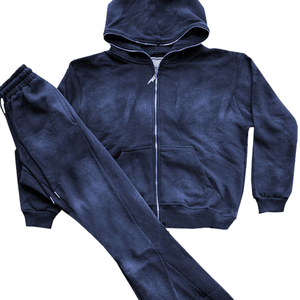 Ensemble survêtement pour homme en molleton vintage bleu marine délavé à l'acide, veste à capuche zippée, pantalon de jogging, style streetwear surdimensionné, tenue d'hiver - Product Image 2
