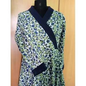 Vestido cruzado de algodón estampado a mano con estampado floral de doble sombra hermoso estilo - Product Image 2