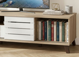 Mueble de TV Moderno para Salón de 160 cm, Color Roble Somana Claro con Blanco, 2 Puertas Corredizas, Cajón, Fácil Montaje, TV5055, Apartamento, Villa - Product Image 3