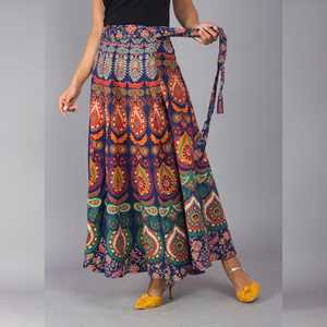 Multicolor Ethnic Print Maxi <b>Skirt</b> Breathable Formal Wrap Style Plus Size Floral Digital Embroidered Silk Cotton XS for Work - Product Image 3