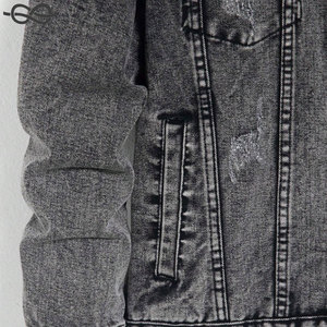 Veste en jean à manches longues pour hommes en coton foncé uni noir style rappeur gris foncé poche boutonnée déchiré coupe régulière - Product Image 3