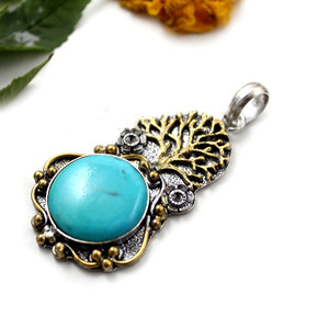 Pendentif en pierre précieuse Turquoise de Style Vintage fait à la main or argent pendentifs oxydés deux tons bijoux pour femmes filles vente en gros inde - Product Image 2