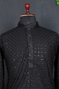 Indian Pakistani Style Men's Traditional Festival Wear Heavy REYON <b>Beautiful</b> Embroidery Sequence Work Fancy In-Stock Kurta - Product Image 3