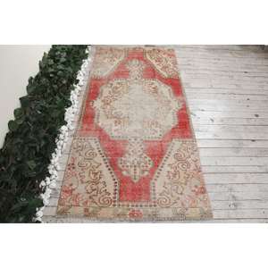 Tapis turc vintage, tapis de 3,3 x 7 pieds, tapis oriental rouge et blanc - Product Image 1