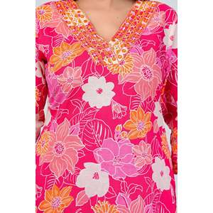 Conjunto de Kurta de Algodón con Estampado Floral Rosa Brillante para Mujer, con Dupatta, Estilo Pakistaní, Lehenga Choli, Ropa Festiva y Étnica - Product Image 2
