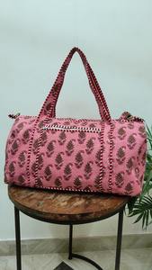 Handmade Luxury Durable Quilted Cotton Duffle <b>Bag</b> with Blockprinted Paisley Design Detachable Belt for <b>Yoga</b>/Gym Use - Product Image 5