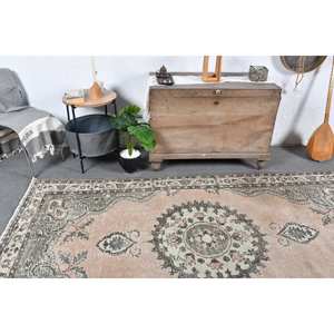 Alfombra de lana turca Vintage, diseño de retales verde y beige, área grande, respaldo de látex rectangular de 5 'X 8' 7 'para uso en pasillo y dormitorio - Product Image 2