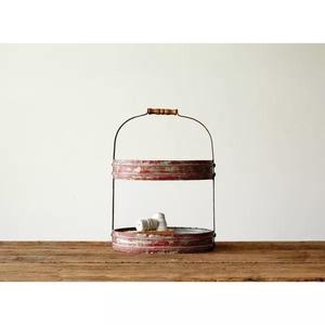 Organisateur en métal rustique vintage à 2 niveaux, caddie de rangement de style ferme avec poignée pour la décoration intérieure de la cuisine, les boissons et le service. - Product Image 2