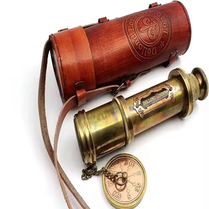 Mini binoculares de latón antiguo de 18 pulgadas con soporte de madera RJ Handicraft Store Spyglasses Funda de cuero Mini telescopios - Product Image 1