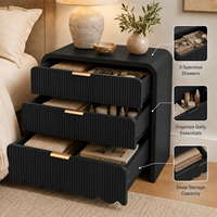 Table de chevet noire à 3 tiroirs cannelés, armoire de rangement en panneaux de particules ondulés pour chambre à coucher et appartement