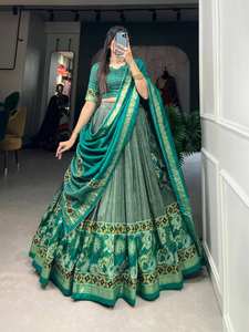 Dernières tendances Tussar robe de mariée en soie semi-cousue imprimé floral et feuille Collection Lehenga Choli - Product Image 6