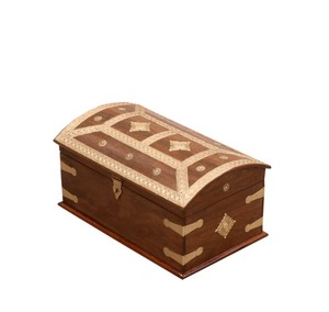 Boîte de style bohème en bois d'acacia fait main avec incrustation en acier inoxydable pour le stockage décoratif d'outils de bijoux - Product Image 1