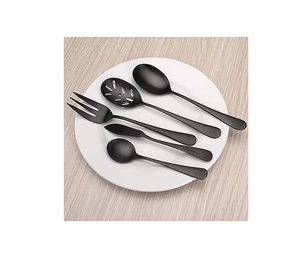 Cubiertos de acero espejado Cuchara Postre 5 piezas Negro Mate Espejo Pulido Artesanía elegante Flor blanca impresa - Product Image 6