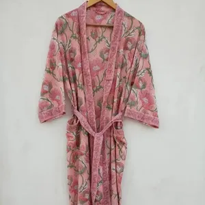 Bata de baño Kimono de algodón Bloque de mano indio Impresión Bata de baño de algodón Ropa de noche Traje de baño Bata a precio de fábrica barato