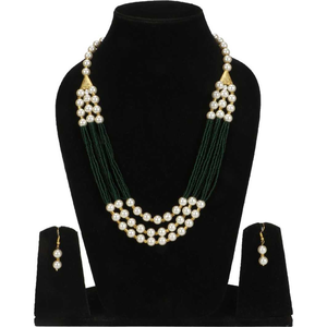 Three-Line Vintage Green Necklace <b>Set</b> with Diamond and <b>Pearl</b> 18K Gold Plated for Parties Weddings Gifts - Product Image 1