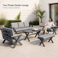 Ensemble de canapés d'extérieur modernes en aluminium 5 pièces, dossier haut, 3 places, 2 fauteuils, table basse pour jardin, salle à manger, patio, balcon, lavable