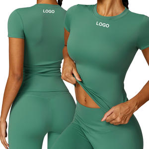 Camiseta deportiva superelástica con cuello redondo para mujer, camisetas de Yoga de secado rápido ajustadas, ropa deportiva para gimnasio y entrenamiento - Product Image 1