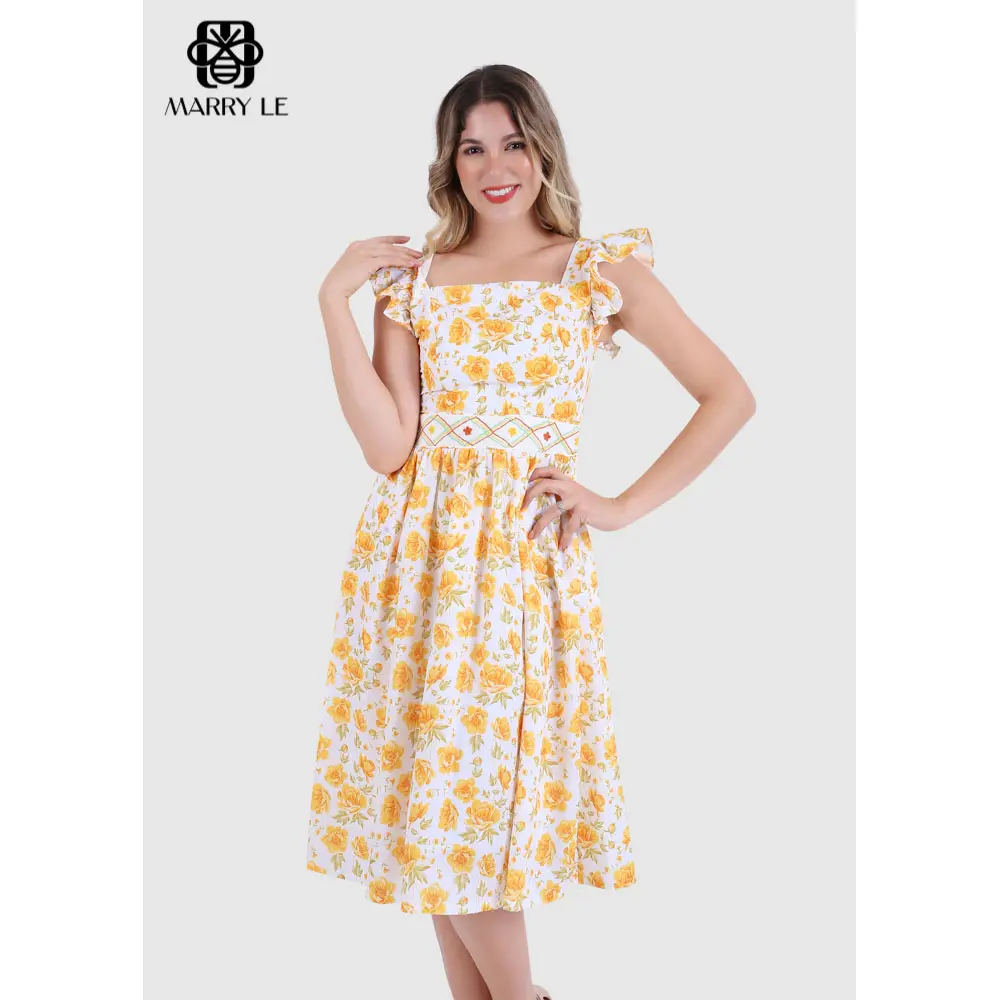YELLOW FLOWER PRINTED WOMEN DRESS WITH FLORAL EMBROIDERY - MD564 Summer dress also can wear at home or outing
