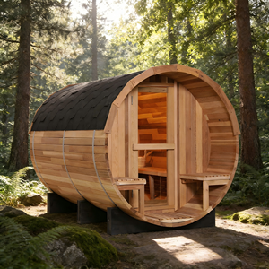 Sauna de Barril de Cedro Rojo Sólido (6 Personas) - Calentador de 6KW, Techo Impermeable y Porche con Bancos Dobles - Product Image 1