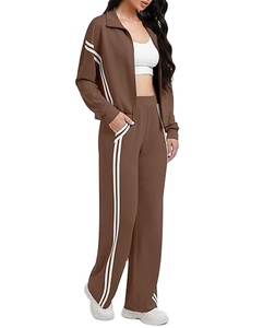 Conjuntos deportivos de alta calidad para mujer, conjunto de sudadera con cremallera, pantalones de jogging de pierna ancha con rayas en contraste, traje deportivo de viaje - Product Image 1