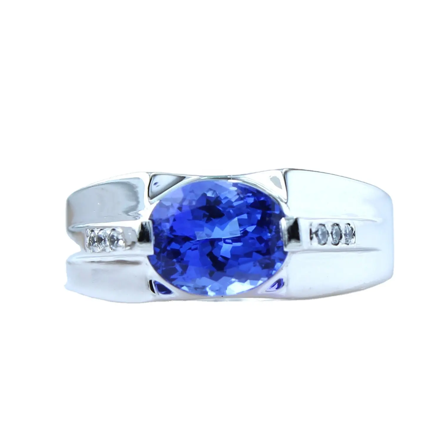 Cincin batu permata perak murni pria, perhiasan cincin kristal biru Oval Zirconia batu permata untuk pria