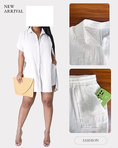 Ensemble deux pièces en polyester blanc à la mode pour femmes à manches courtes col haut et short coupe ample tenue d'été décontractée - Product Image 6