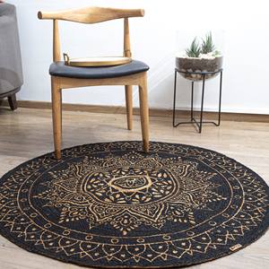 Alfombra Redonda de Yute Tejida a Mano con Patrón de Mandala Negro y Natural, Alfombra de Piso Boho Ecológica para Sala de Estar, Dormitorio, Decoración del Hogar - Product Image 6