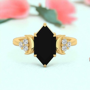 Vintage Black Onyx Hexagon Ring <b>Kite</b> Cut Moissanite Diamond for Wedding Engagement Anniversary or Party Gift - Product Image 3