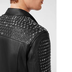 Veste cloutée en cuir pour homme, nouveau Style motard noir en peau de vache véritable - Product Image 3