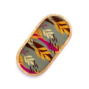 ถาดเสิร์ฟไม้มะม่วงทรงรีถาดไม้ตกแต่งลายใบไม้สีสันสดใสถาดไม้ธรรมชาติทำด้วยมือสำหรับตกแต่งบ้าน - Product Image 1