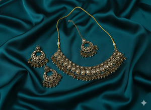 Designer Party Wear <b>Antique</b> <b>Gold</b> Plated Zircon Jewelry Traditional Beautiful Design Simple Choker Necklace Set Earring Women - Product Image 3