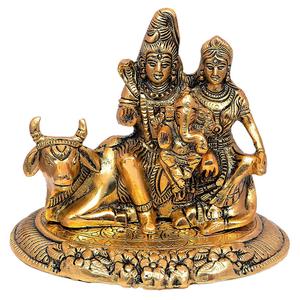 Statue de Shiva, Parvati et Ganesh de qualité standard sur un socle Nandi Murti en métal, pour les fêtes de Diwali - Product Image 1