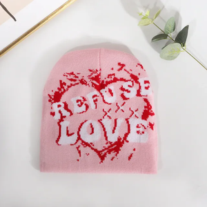High Quality Customized Logo Knitted <b>Beanies</b> Jacquard Heart Embroidery Pattern Winter Lovers <b>Hat</b> for <b>Men</b> and Women - Product Image 6
