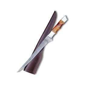 Cuchillo de filetear hecho a mano con hoja de acero de Damasco, mango de madera y funda de cuero, cuchillo para exteriores. - Product Image 1