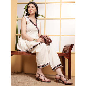 Deebaco Women's Off-<b>White</b> Cotton <b>2</b>-<b>Piece</b> Co-Ord <b>Set</b> With Embroidery V-Neck Top And Ankle Length Trouser Casual Wear Outfit - Product Image 1