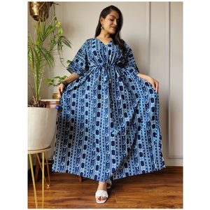 Vestido caftán de algodón con estampado étnico hecho a medida-Cuello en V con cordón ajustable en la cintura adecuado para clientes boutique y revendedores - Product Image 1