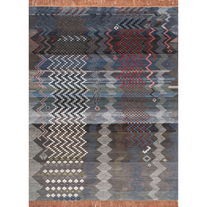 Tapis géométrique noué à la main en laine et soie de bambou Manchaha, 10 mm d'épaisseur, rectangulaire, pour salon, couloir - Les-1830 Gris & Noir - Product Image 1